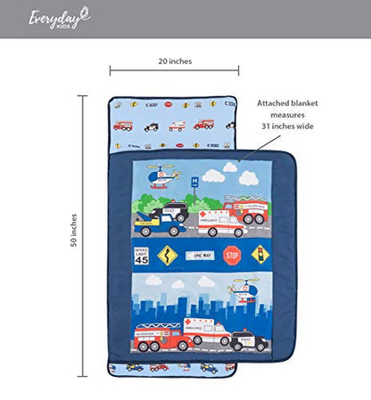 EVERYDAY KIDS Toddler Nap Mat with Removable Pillow -Fire Police Rescue- Carry Handle Fastening Straps Closure, Rollup Design, Soft Microfiber for Preschool, Daycare, Sleeping Bag -Ages 2-6 Years - color: Fire Police Rescue