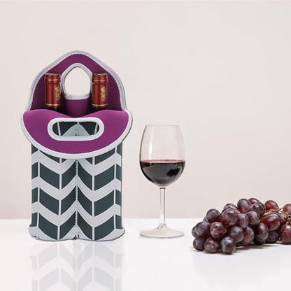 Hipiwe Wine Carrier Tote Bag for 2 Bottles - Neoprene Wine Bottle Holder with Carry Handle, Wine Protective Bag Insulated Bag Beer Cans Water Bottle Holder for Travel Picnic - style: Black and White Stripes +Purple