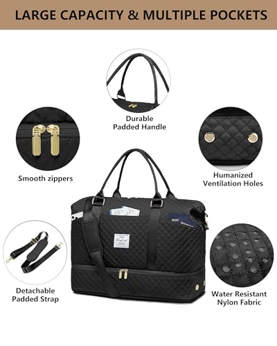Womens Weekender Travel Overnight Bag: Carry On Bag with Shoe Compartment | Duffle Bags, Carry On Bag with Wet Pocket, Yoga Gym, Travel Bags with Toiletry Bag, Trips Hospital Bags Black - color: 1-Black, size: Large