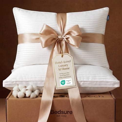 Bedsure Bed Pillows Queen Size Set of 2, Hotel-Quality Down Alternative Gusseted Pillows, PureWoven 100% Cotton Shell, Dual Chamber Construction for Fluffy Support, Ideal for Back & Stomach Sleepers - size: Queen