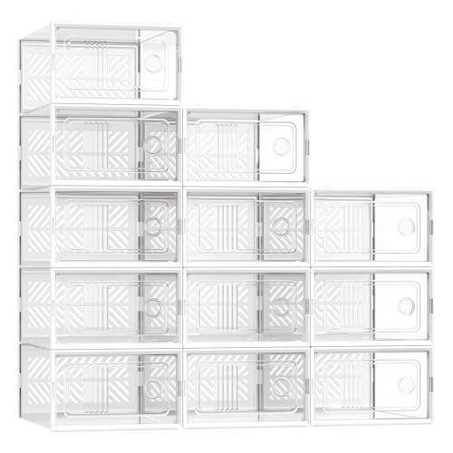 SONGMICS Stackable Shoe Boxes, Foldable Shoe Storage Organizers, Ventilated, for Max. Men's Shoes US Size 9 or Women's Shoes US Size 11, Sneakers, Set of 12, Transparent and White ULSP106W12V2 - color: Transparent + White, size: 12 Count