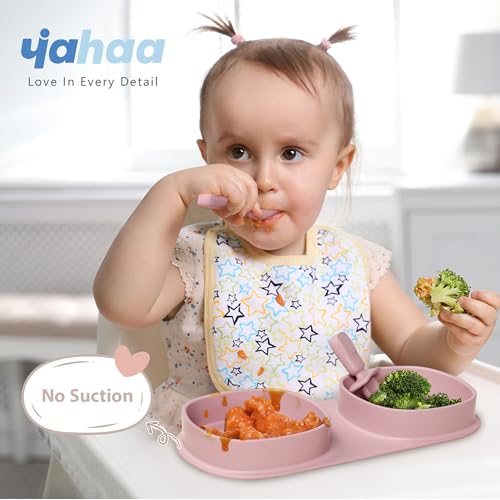 Silicone Foldable Novelty Dinner Plates, Baby Plates Travel Essential with Forks and Spoons, Microwave & Dishwasher Safe, Matte Pink - color: Matte Pink, style: No-Suction