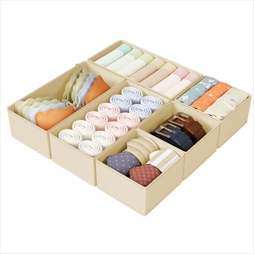 DIMJ Drawer Organizers Clothes, Set of 6 Dresser Organizer Bins, Fabric Closet Organizers and Storage, Shallow Drawer Dividers for Nursery, Clothing, Baby Clothes, Socks, Underwears, Tie (Beige) - color: Beige, size: 6 Pack