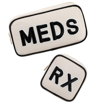 RSRSLEII 2Pcs Small Canvas Rx MEDS Medicine Packages, Cute Chenille Letter Patch Drug Makeup Bag with Metal Zipper, Mini Travel First Aid Purse Organizer Machine Washable (05RX and MEDS) - color: 05RX and MEDS