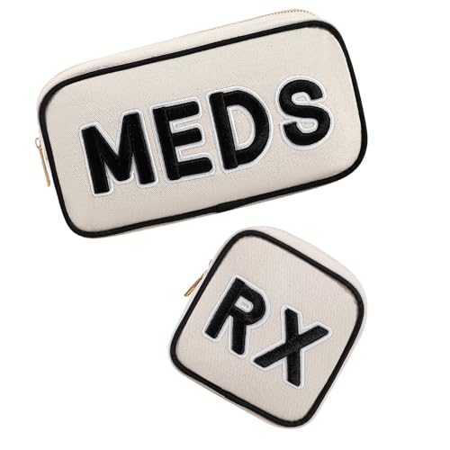 RSRSLEII 2Pcs Small Canvas Rx MEDS Medicine Packages, Cute Chenille Letter Patch Drug Makeup Bag with Metal Zipper, Mini Travel First Aid Purse Organizer Machine Washable (05RX and MEDS) - color: 05RX and MEDS