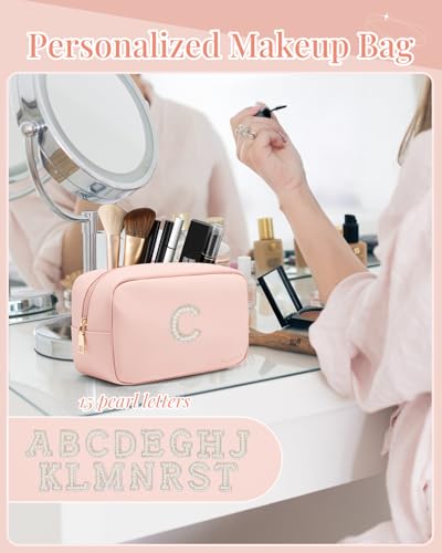VLANDO Initial Makup Pouch Birthday Gifts for Teen Personalized Toiletry Bag w Zipper, Graduation Gifts Holidays Day Gifts Makeup Bag for Purse Preppy Stuff for Girls Letter C - color: 03-Pink-C