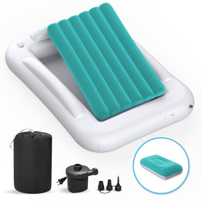 Inflatable Toddler Travel Bed - 60 Inches Portable Toddler Bed for Travel with Safety Sides - Cozy Kids Air Mattress Set with High-Speed Pump & Carry Case - Easy to Inflate(Teal Blue) - color: Teal Blue
