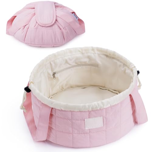 Narwey Lay Flat Open Drawstring Puffer Makeup Bag, Large Quilted Cosmetic Bag for Women Girls, Cute Make up Bags with Handle, Travel Toiletry Bag for Skincare, Brushes & Travel Essentials (Pink) - color: B-Quilted Pink