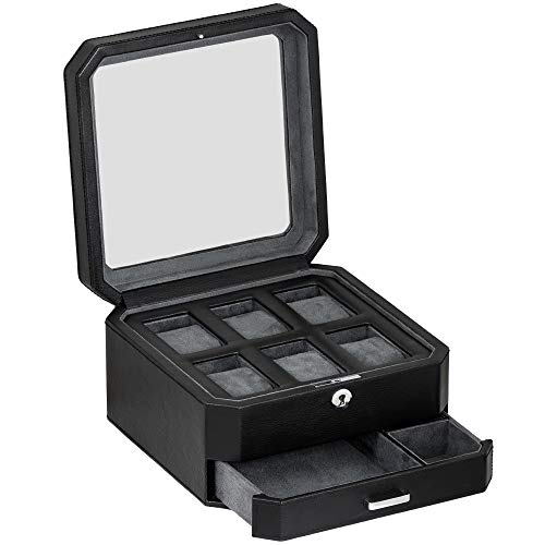 ROTHWELL 6 Slot Leather Watch Box with Valet Drawer - Luxury Watch Case Display Organizer, Microsuede Liner, Locking Mens Jewelry Watches Holder, Men's Storage Boxes with Large Glass Top (Black/Grey) - color: 6 Slot - Black / Grey