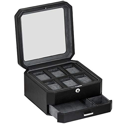 ROTHWELL 6 Slot Leather Watch Box with Valet Drawer - Luxury Watch Case Display Organizer, Microsuede Liner, Locking Mens Jewelry Watches Holder, Men's Storage Boxes with Large Glass Top (Black/Grey) - color: 6 Slot - Black / Grey
