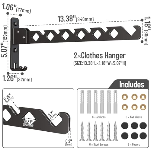 Wall Mounted Clothes Drying Rack, Wall Clothes Hanger Hook for Laundry Room Hanger Foldable, Wall Clothes Rack Indoor, Perfect for Small Spaces, Matte Black 2 Packs - color: Black 2 Pack