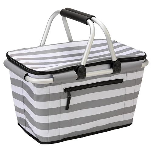 SIYUAN 30L Picnic Basket with Handles Leakproof Large Stripped Insulated Cooler Grocery Shopping Market Tote for Family Gray White - color: Gray White