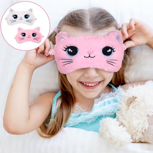 Kids Sleep Mask, 2 Pcs Cute Cat Sleeping Eye Mask Soft Plush Girls Sleep Masks Comfortable Funny Animal Night Eye Masks for Sleeping Blindfold Eye-Cover for Women Girls Home Travel (Pink, White) - color: White, Pink, style: Cat