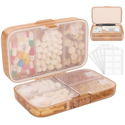 FYY Weekly Pill Organizer with Labels,8 Compartments Travel Daily Pill Case Airtight Moistureproof Large Pill Box to Hold Vitamins, Fish Oil, Supplements,Cotton Swab and Bandages-Brown - color: Brown