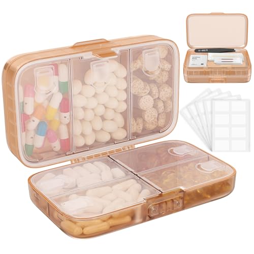 FYY Weekly Pill Organizer with Labels,8 Compartments Travel Daily Pill Case Airtight Moistureproof Large Pill Box to Hold Vitamins, Fish Oil, Supplements,Cotton Swab and Bandages-Brown - color: Brown