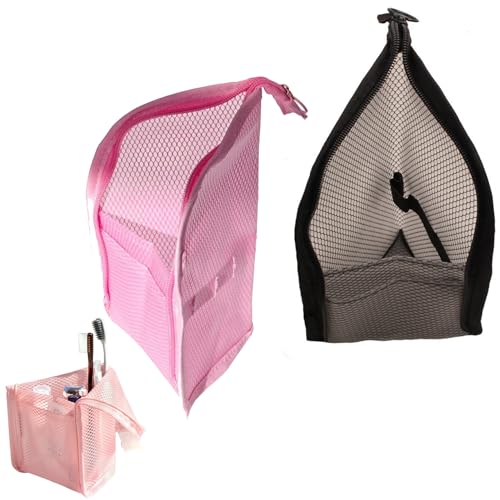 2Pack Standing Toiletry Bag, 2026 New Portable Lightweight Travel Toiletry Bag, EVA Mesh Travel Toothbrush Storage Bag, Foldable Clear Hanging Small Makeup Bag Cosmetic Organiser Storage (Pink+Black) - color: Pink+Black