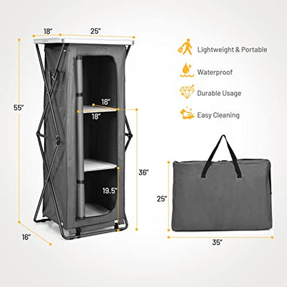 Giantex Folding Camping Storage Cabinet with 3 Shelves and Carry Bag, Portable Outdoor Organizer Kitchen Table, Quick Set-up for BBQ, Picnic, Backyard, Compact Pop-Up Cupboard, 55''H - size: 55''H
