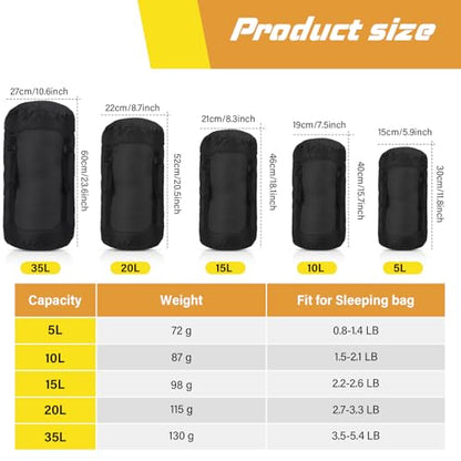 5 Pcs Compression Sacks for Backpacking 5L/10L/15L/20L/35L Camping Sleeping Bag Stuff Sack Water Resistant Sleeping Bag Storage Sack for Space Saving Hiking Gear - color: Black