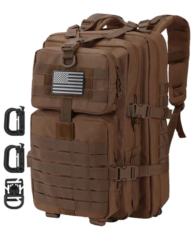 Hannibal Tactical MOLLE Assault Backpack, Tactical Backpack Military Army Camping Rucksack, 3-Day Pack Trip w/USA Flag Patch, D-Rings, Dark Brown - color: Dark Brown