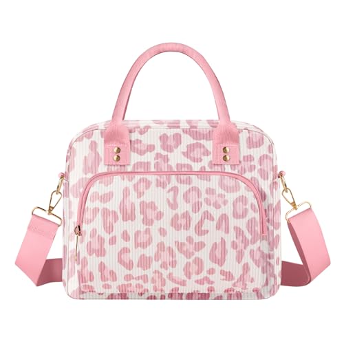 Lunch Bag Large Insulated Lunch Box for Women Adult Cute Pink Leopard Lunchbox Corduroy Lunch Bags Boxes Pail with Shoulder Strap for Work Mom Picnic Office Travel 11.4×6.8×9.1 inches 11.5L - color: Pink Leopard