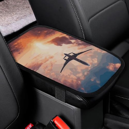 Airplane Sunset Sky Car Center Console Cover Pad,Airplane Sunset Sky Printed Universal Armrest Cover Pads Waterproof Vehicle Armrest Protector for Most Cars,Trucks and SUV