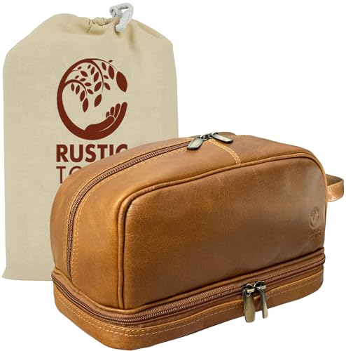 RUSTIC TOWN Leather Toiletry Bag - Waterproof Ditty Kit for Men and Women, Travel Organizer for Full-Size Essentials, TSA Approved - color: Cognac