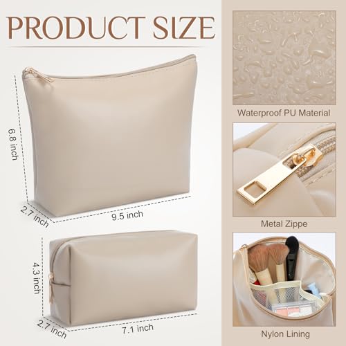 Kigeli 2 Pcs PU Leather Makeup Bag Set for Women Waterproof Aesthetic Cosmetic Bag Large & Small Travel Toiletry Organizer Pouch Skincare Organizer Bridesmaid Mother's Day Birthday Gift(Nude) - color: Nude