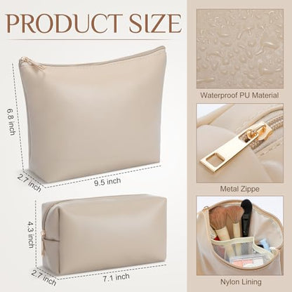 Kigeli 2 Pcs PU Leather Makeup Bag Set for Women Waterproof Aesthetic Cosmetic Bag Large & Small Travel Toiletry Organizer Pouch Skincare Organizer Bridesmaid Mother's Day Birthday Gift(Nude) - color: Nude