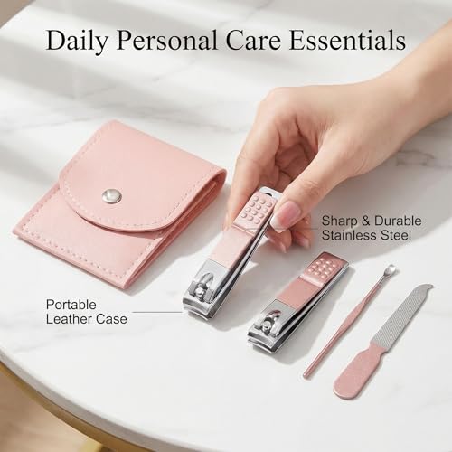 Nail Clippers for Women, 4pcs Rose Gold Professional Stainless Steel Nail Clipper Set with Portable Mini Nail Care Tools for Daily Fingernail Grooming and Travel Manicure Set
