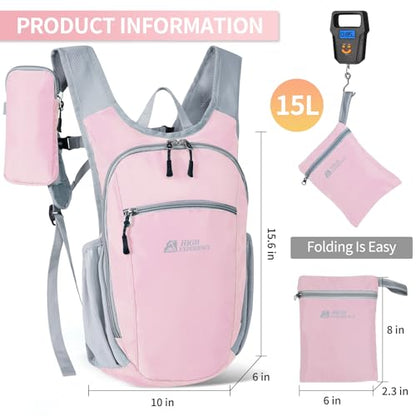 Hiking Backpack 10L/15L Small Daypack Lightweight Packable Travel Foldable Water Resistan for Women Men (Pink, 15L) - color: Pink, size: 15L