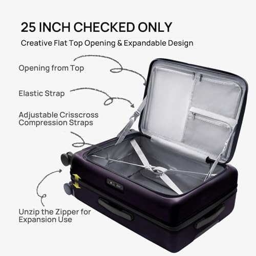 NINETYGO Medium Checked Luggage 25 Inch, Flat Top Opening Check In Luggage with Cup Holder, Expandable, Lightweight PC Hard Shell, TSA Lock, 360° Spinner Wheels (Blackcurrant Oolong) - color: 04-Blackcurrant Oolong, size: Checked 25-Inch (Top Opening, 72L