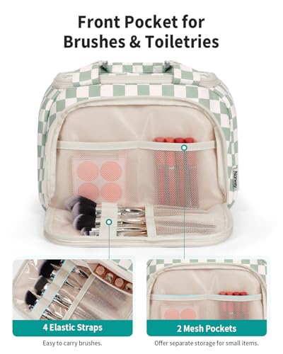 Narwey Checkered Travel Toiletry Bag for Women Large Makeup Bag, Wide-open Cosmetic Make Up Organizer with Handle, Travel Bag for Toiletries, Essentials, Accessories (Mint Green Checkerboard) - color: Mint Green Checkerboard
