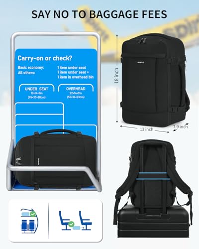 ECOHUB Travel Backpack for Men Women, Carry on Backpack with USB Charging Hole, Spirit Airlines Personal Item Bag Flight Approved, 15.6 Inch Laptop Backpack with Anti Theft Pockets, 30L, Black - color: Black, size: 18 inch underseat