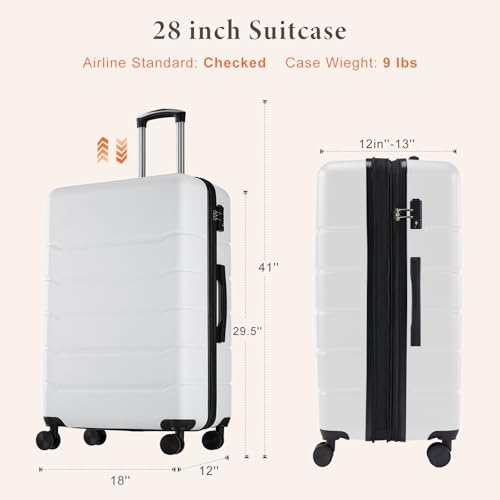 Sweetcrispy 28 Inch Checked Luggage, ABS Lightweight Rolling Hard Shell Suitcase with Smooth Spinner Wheels, Built-in TSA Lock, Durable Travel Suitcase for Business and Vacation Trip, White - color: White, size: 28 Inch