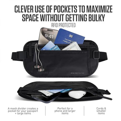 VENTURE 4TH Money Belt for Travel – Slim Hidden Under-Clothes RFID Blocking Anti-Theft Passport Holder & Travel Wallet Pouch for Men & Women to Protect Cash, Cards & Documents (Sleek Black) - color: Sleek Black