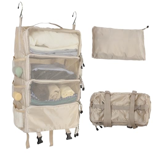 TABITORA Travel Luggage Organizer insert Hanging Packing Cubes for Suitcase Carry on Closet Hanging Shelves Folding (Beige, Medium) - color: Beige, size: Medium