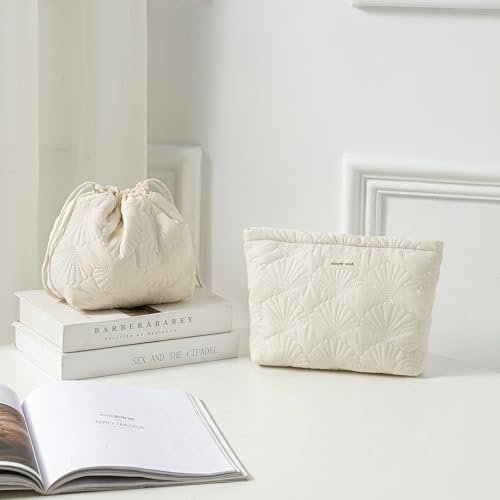 RSRSLEII Quilted Cotton Coquette Drawstring Makeup bag, Coastal Granddaughter Aesthetic Cosmetic Bag, Cute Seashell Portable Travel Toiletry Pouch (Drawstring White) - color: Drawstring White