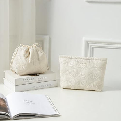 RSRSLEII Quilted Cotton Coquette Drawstring Makeup bag, Coastal Granddaughter Aesthetic Cosmetic Bag, Cute Seashell Portable Travel Toiletry Pouch (Drawstring White) - color: Drawstring White