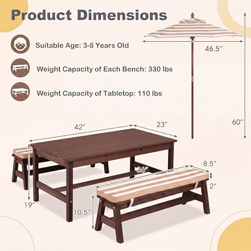 HONEY JOY Kids Picnic Table, Large 42“x 23” Tabletop, Fir Wood Toddler Outdoor Table & Bench Set w/Removable Cushions & Umbrella, Children Backyard Furniture for Patio Garden, Seats for 4 (Walnut) - color: Walnut