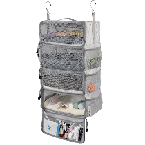 Surblue Travel Hanging Packing Cubes with 2 Hooks Hanging Shelves for Luggage Organizers Portable Compression 4 Shelf Closet Carry-on Suitcases Organizers, Medium, Lightgrey - color: Lightgrey, size: M: 13.8*7.1*21.7 in