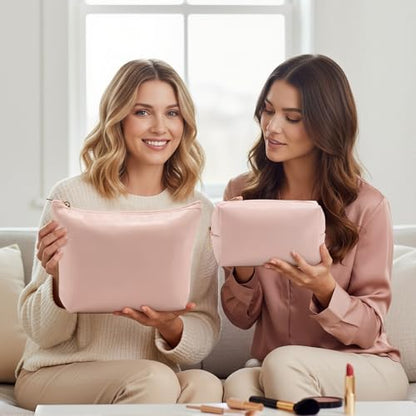 Kigeli 2 Pcs PU Leather Makeup Bag Set for Women Waterproof Aesthetic Cosmetic Bag Large & Small Travel Toiletry Organizer Pouch Skincare Organizer Bridesmaid Mother's Day Birthday Gift(Pink) - color: Pink