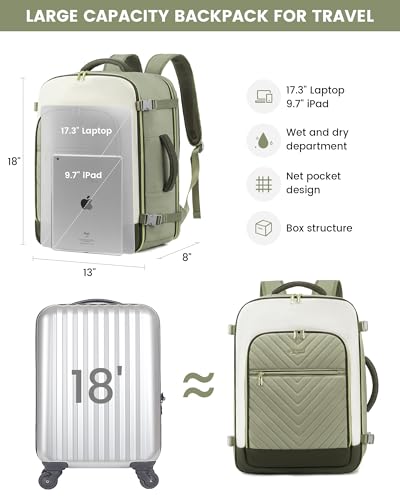 LOVEVOOK Large Travel Backpack for Women, TSA Carry on Backpack for Airplanes, 40L Personal Item Travel Bag for Women fits 17" Laptop,Waterproof Carry on Bag Airplane Approved with 3 Packing Cubes - color: Bean Green - Light Yellow - Dark Olive Green, siz