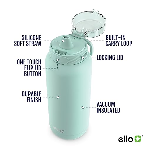 Ello Cooper 22oz Stainless Steel Water Bottle with Straw and Carry Handle, Double Walled and Vacuum Insulated Metal, Leak Proof Locking Lid with Soft Silicone Spout, Reusable, BPA Free, Yucca - color: Yucca, size: 22 Ounces