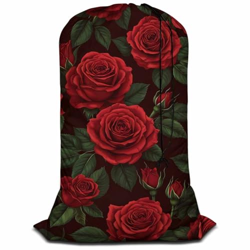 Swono Red Roses Drawstring Closure Dirty Clothes Bag Organizer, Heavy Duty Large Laundry Bag, Summer Flower Leaf Stem Blossom Botanical Rip-Stop Bags for Camp Travel, Machine Washable - color: Red Roses