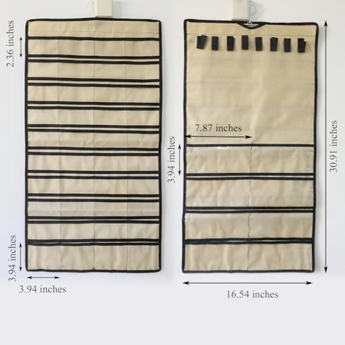 Hanging Jewelry Organizer Pockets Canvas Double Sided Rotating Hanger Necklace Hanging Wall Organizer Jewelry Roll for Earrings, Necklaces,Sunglasses,rings (Beige) - color: Beige