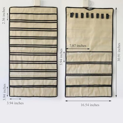 Hanging Jewelry Organizer Pockets Canvas Double Sided Rotating Hanger Necklace Hanging Wall Organizer Jewelry Roll for Earrings, Necklaces,Sunglasses,rings (Beige) - color: Beige