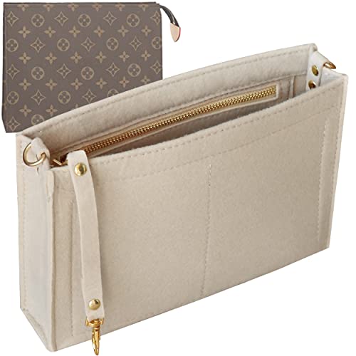 Toiletry Pouch 19 26 Bag Organizer Insert for Cosmetics Tidy Organizer,Felt Purse Organizer Insert Ladies Tote Handbag Liner Pocket Organizer with Keychain & Gold Buckle & Zip(Large-26,Beige) - color: Beige, size: Large-26