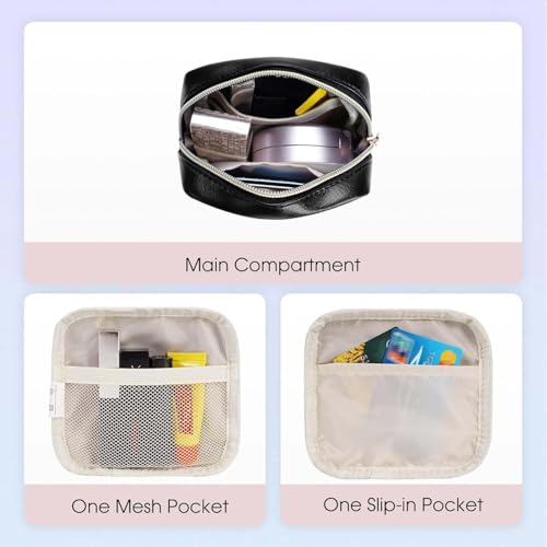 Wandering Nature Small Makeup Bag for Purse Mini Make up Pouch Cute Cosmetic Pouch for Women with Slip-in Pockets Eco Vegan Leather, Black - color: Black
