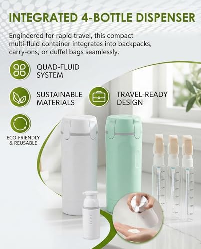 4 in 1 Travel Dispenser Bottle Set, Leakproof TSA Travel Size Containers for Toiletries, Portable Refillable Bottles, Hard Shell Rotating Design with Scale and Labels - color: Green
