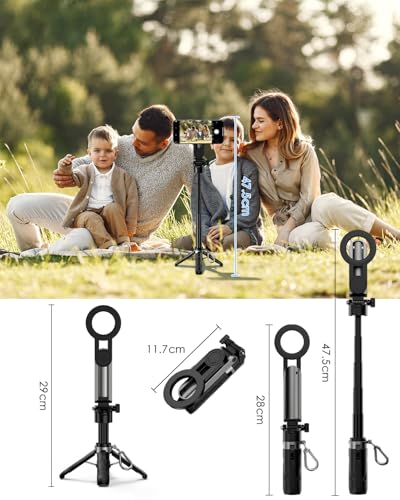 CloudValley Magnetic Selfie Stick & Mini Tripod, 360° Rotation Extendable Handheld Stabilizer/Camera Grip with Remote, 5 in 1 Portable Phone Stand for iPhone/Android, Travel Vlog, Live Stream, Black - color: Black